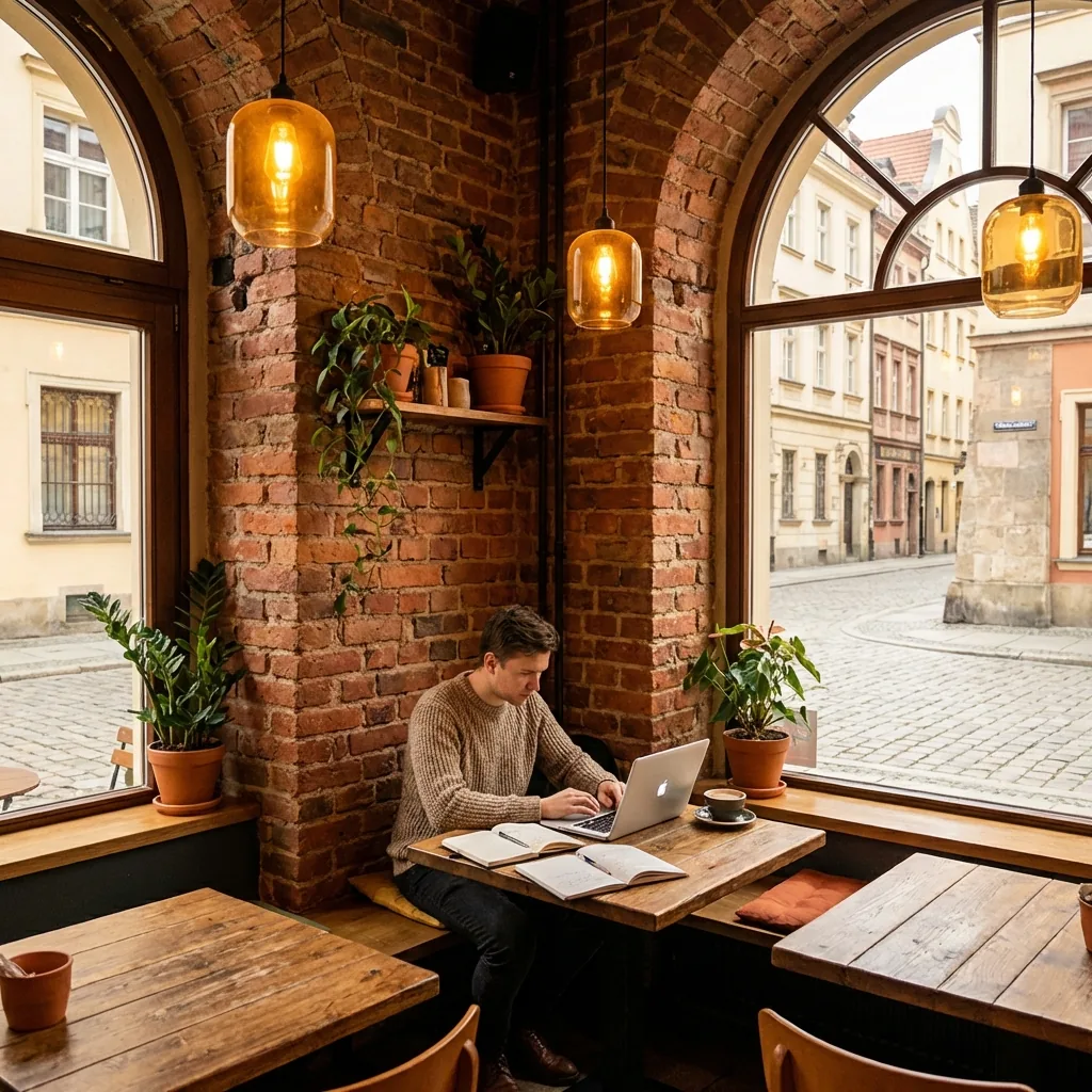 Mężczyzna w swetrze pisze na laptopie przy drewnianym stoliku z otwartymi zeszytami, w kawiarni z ceglanymi ścianami i dużymi oknami na brukowaną uliczkę starego miasta