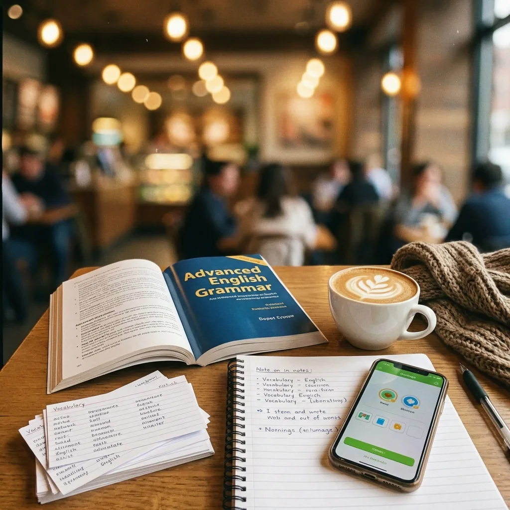 Otwarty podręcznik Advanced English Grammar, notatki ze słówkami, kartki z wypisanym słownictwem, telefon i kawa na drewnianym stole w kawiarni